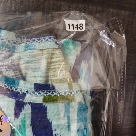 Lane Bryant Ikat Green & Blue Print Cotton Top Drawstring Hem 18/20 100% Cotton - Picture 10 of 10